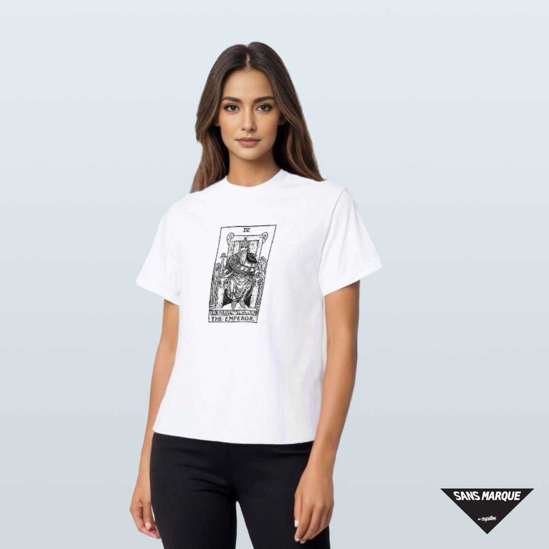 Model wearing THE EMPEROR Tarot White T-Shirt