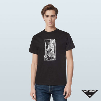 Model wearing KING OF WANDS Tarot Black T-Shirt