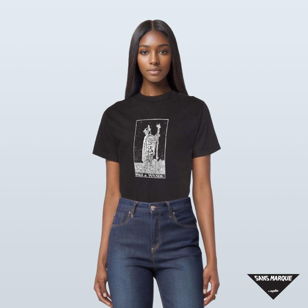 Model wearing PAGE OF WANDS Tarot Black T-Shirt