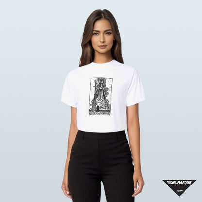 Model wearing QUEEN OF WANDS Tarot White T-Shirt