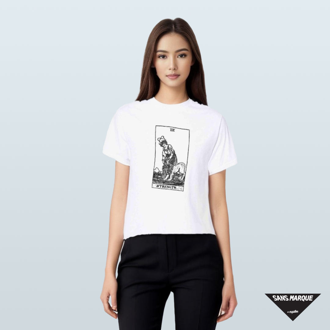 Model wearing STRENGTH Tarot White T-Shirt