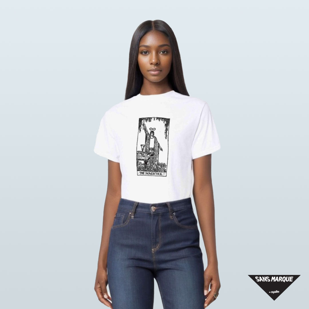 Model wearing THE MAGICIAN Tarot White T-Shirt