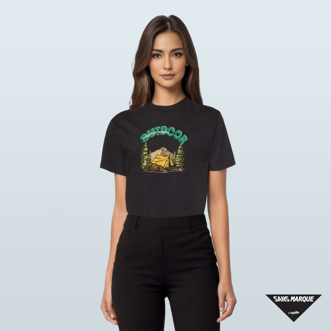 Model wearing DELIGHTFULLY CAMPFIRE Expedition Black T-Shirt