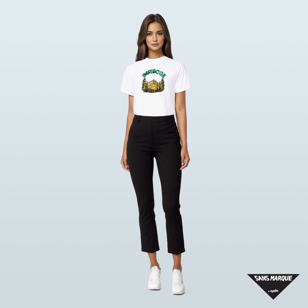 Model wearing DELIGHTFULLY CAMPFIRE Expedition White T-Shirt