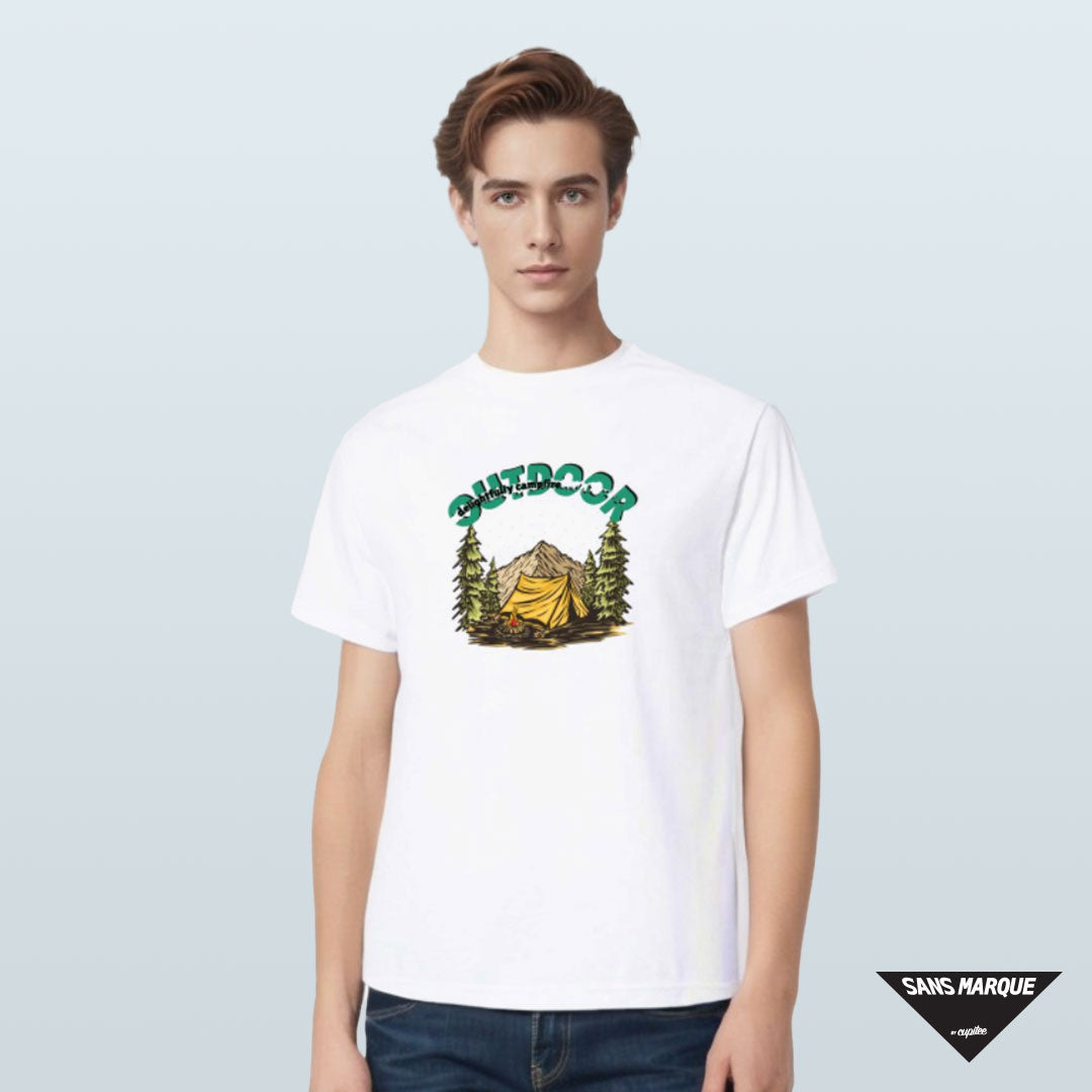 Model wearing DELIGHTFULLY CAMPFIRE Expedition White T-Shirt