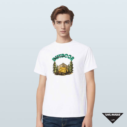 Model wearing DELIGHTFULLY CAMPFIRE Expedition White T-Shirt