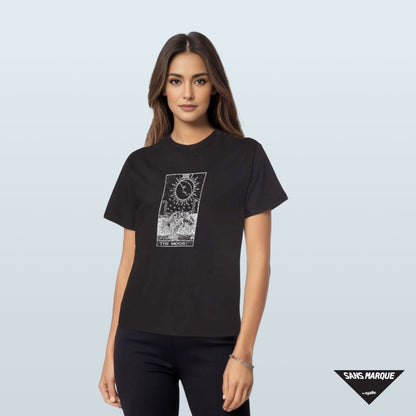 Model wearing THE MOON Tarot Black T-Shirt