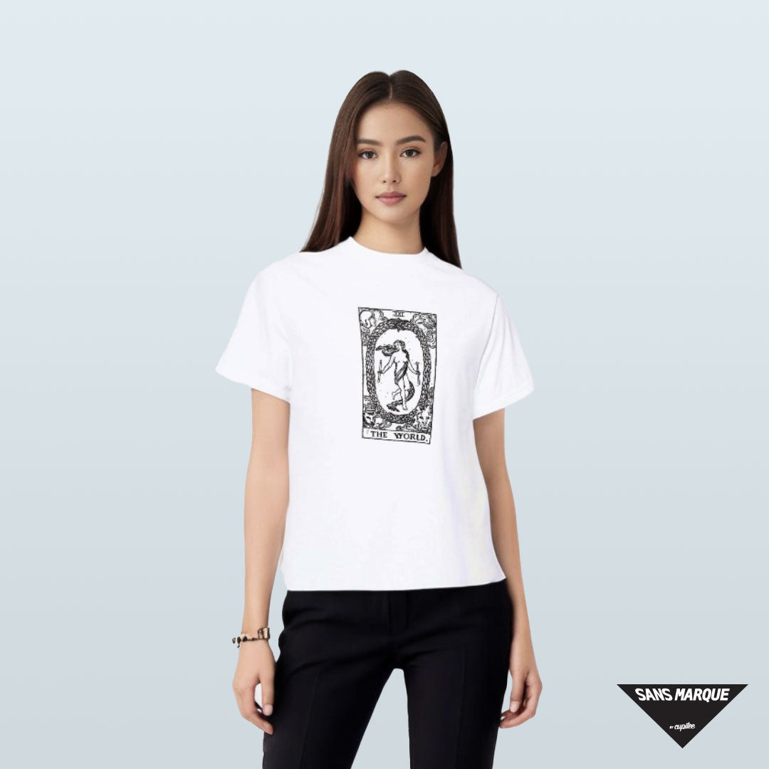 Model wearing THE WORLD Tarot White T-Shirt