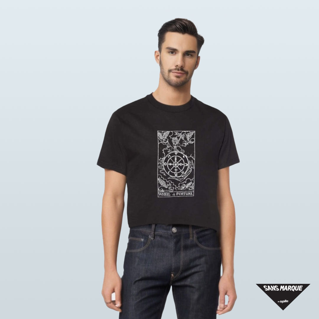 Model wearing WHEEL OF FORTUNE Tarot Black T-Shirt