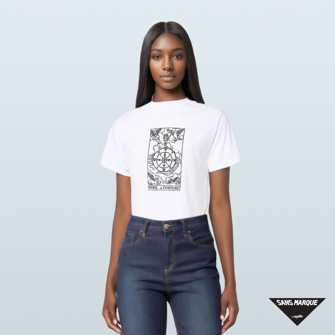 Model wearing WHEEL OF FORTUNE Tarot White T-Shirt