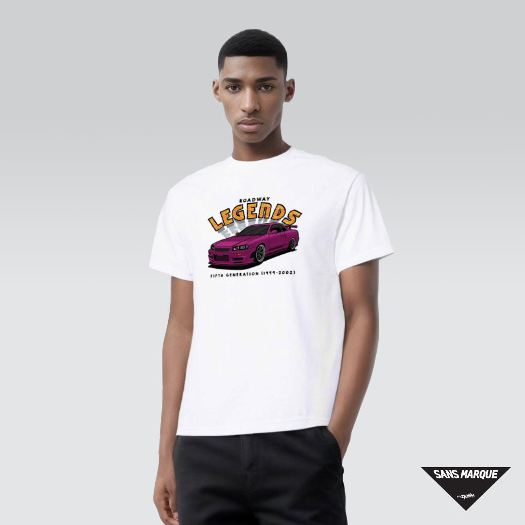 Model wearing ROADWAY LEGENDS GT-R R34 Car Tuner T-Shirt (White-Gold)ROADWAY LEGENDS GT-R R34 Car Tuner T-Shirt (White-Purple)