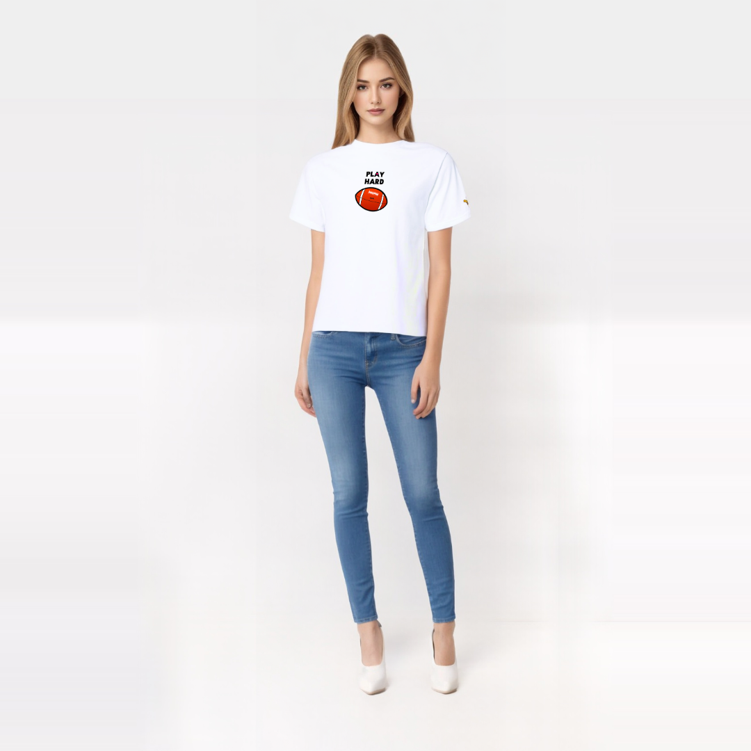 Model wearing Work Hard, Play Hard Football (Rework) Love White T-Shirt