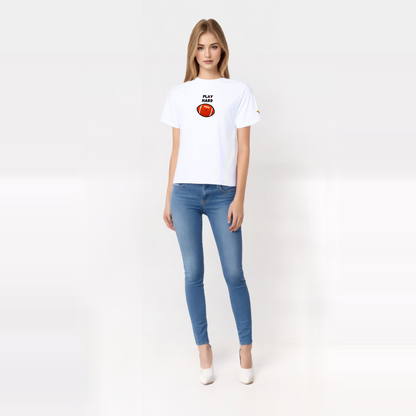 Model wearing Work Hard, Play Hard Football (Rework) Love White T-Shirt