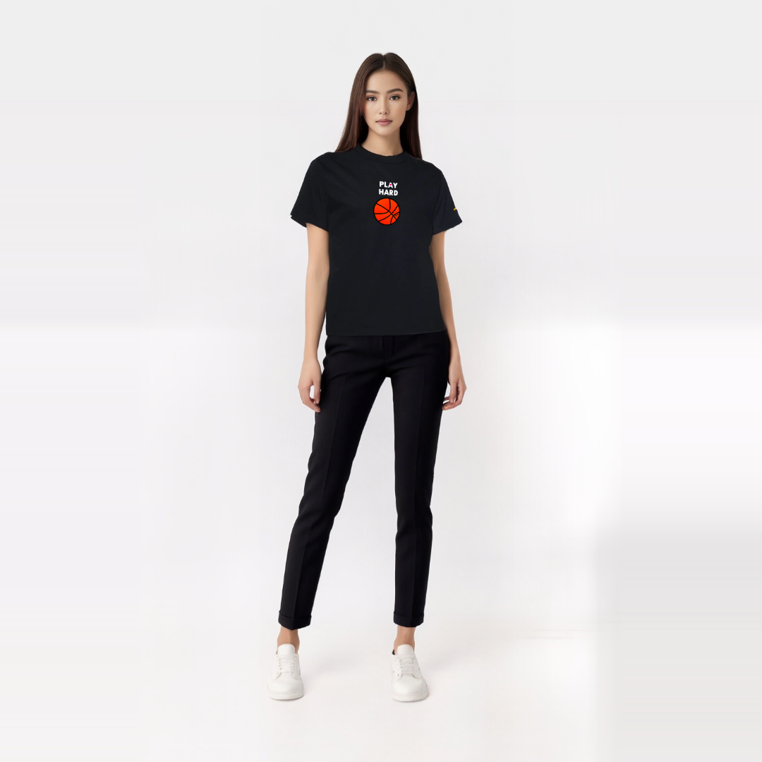 Model wearing Work Hard, Play Hard Basketball (Rework) Love Black T-Shirt