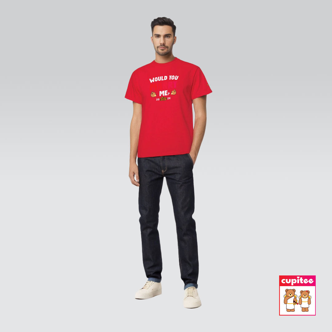 Model wearing Would You MARRY Me? (Discreet ver.) Cupid T-Shirt (Red)
