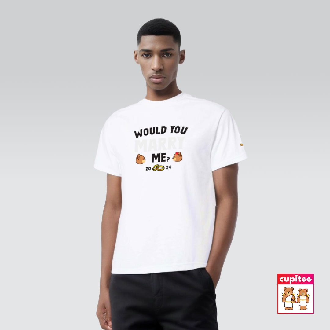 Model wearing Would You MARRY Me? (Discreet ver.) Cupid T-Shirt (White)