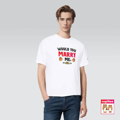 Model wearing Would You MARRY Me? Cupid T-Shirt (White)