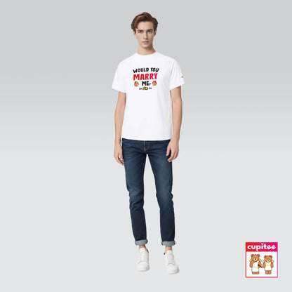 Model wearing Would You MARRY Me? Cupid T-Shirt (White)