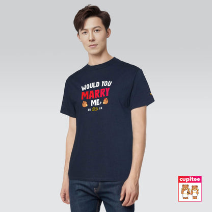 Model wearing Would You MARRY Me? Cupid T-Shirt (True Navy)