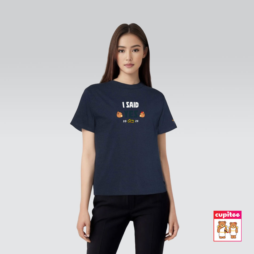 Model wearing I Said YES! (Discreet ver.) Cupid T-Shirt (True Navy)