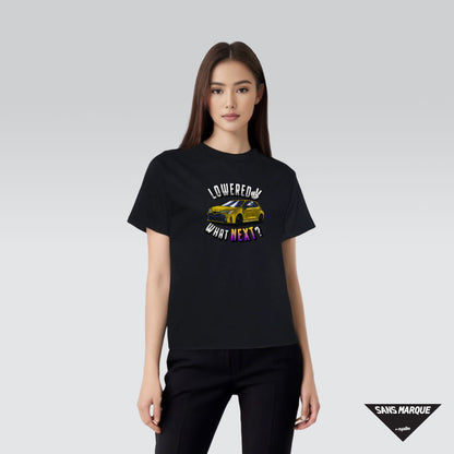 Female Model wearing Lowered Now, What Next? E210 Gold Black T-Shirt