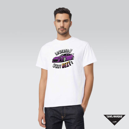 Male Model wearing Lowered Now, What Next? GT86 Purple White T-Shirt