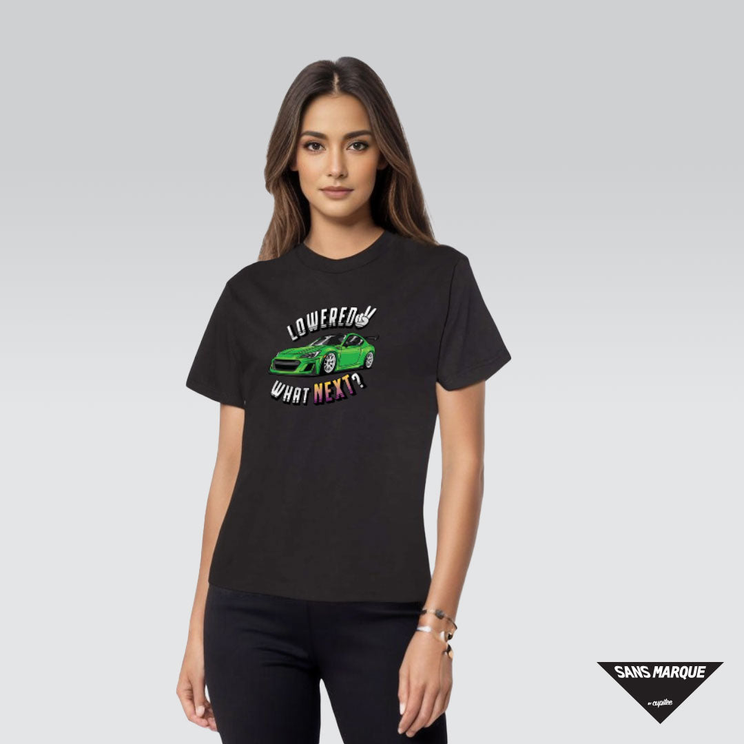 Female Model wearing Lowered Now, What Next? GT86 Green Black T-Shirt