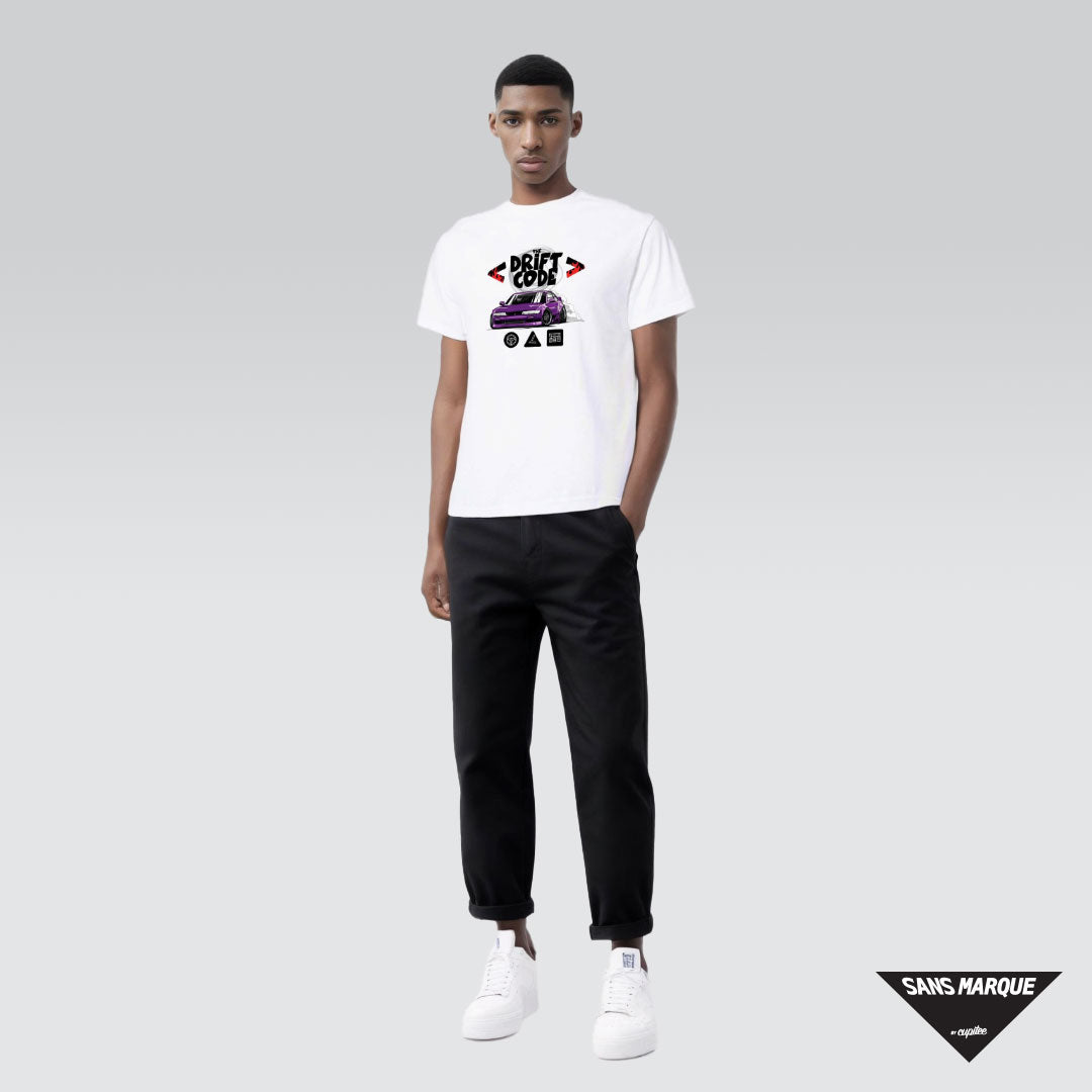 Male Model wearing The Drift Code S13 Purple White T-Shirt