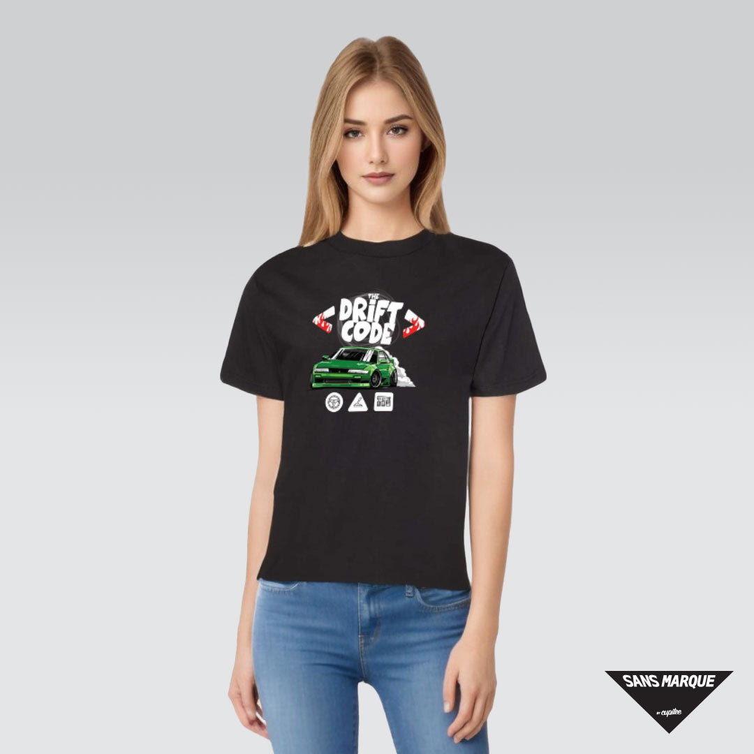 Female Model wearing The Drift Code S13 Green Black T-Shirt