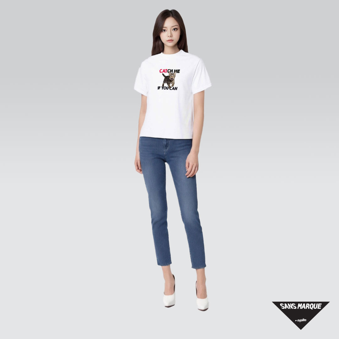 Female model wearing Catch Me If You Can White T-shirt