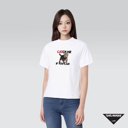 Female model wearing Catch Me If You Can White T-shirt