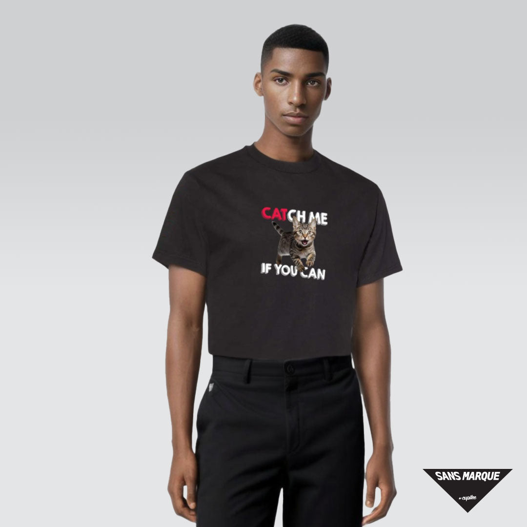 Male model wearing Catch Me If You Can Black T-shirt