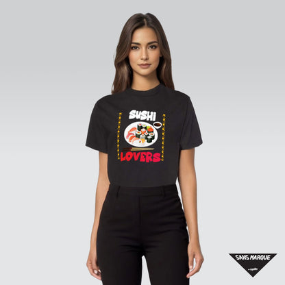 Female Model wearing Sushi Lovers Black T-shirt