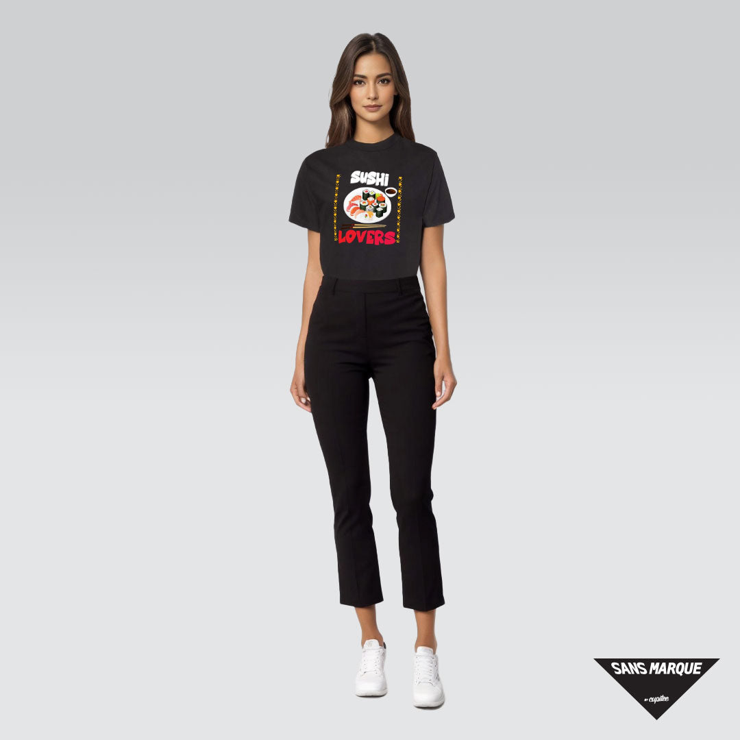 Female Model wearing Sushi Lovers Black T-shirt