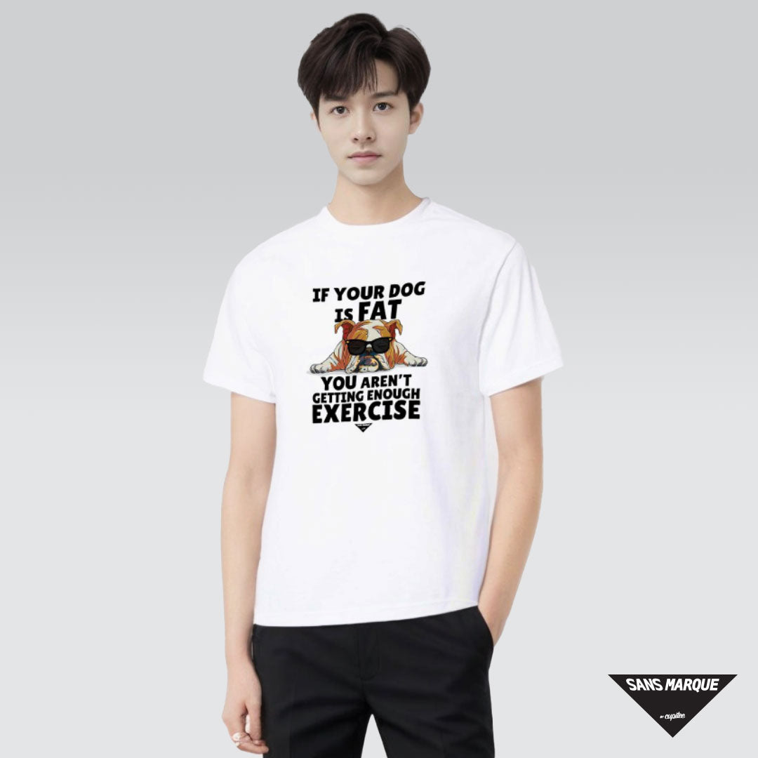 Male model wearing Your Dog is Fat t-shirt