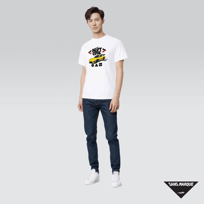 Male model wearing The Drift Code FD Yellow White T-Shirt