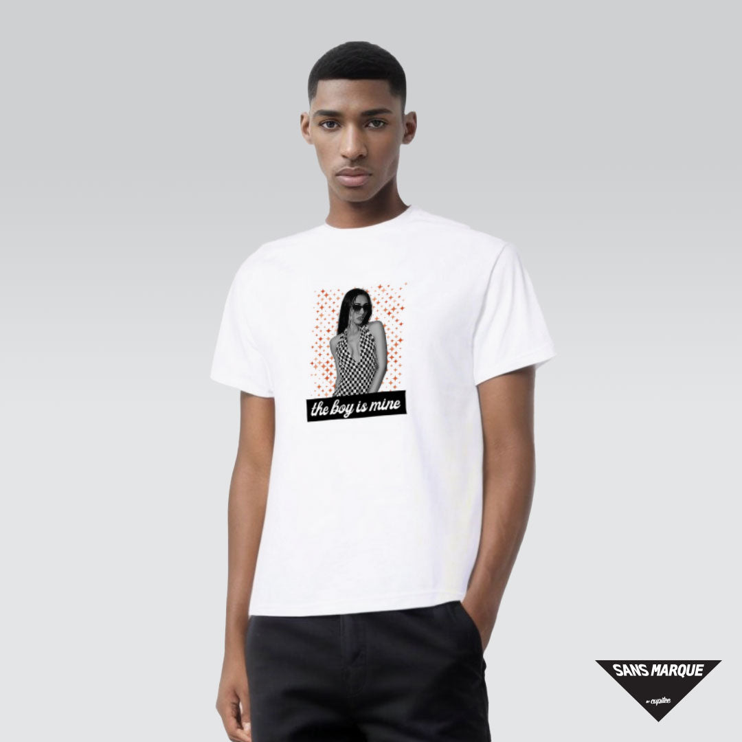 Male Model wearing the boy is mine White T-Shirt