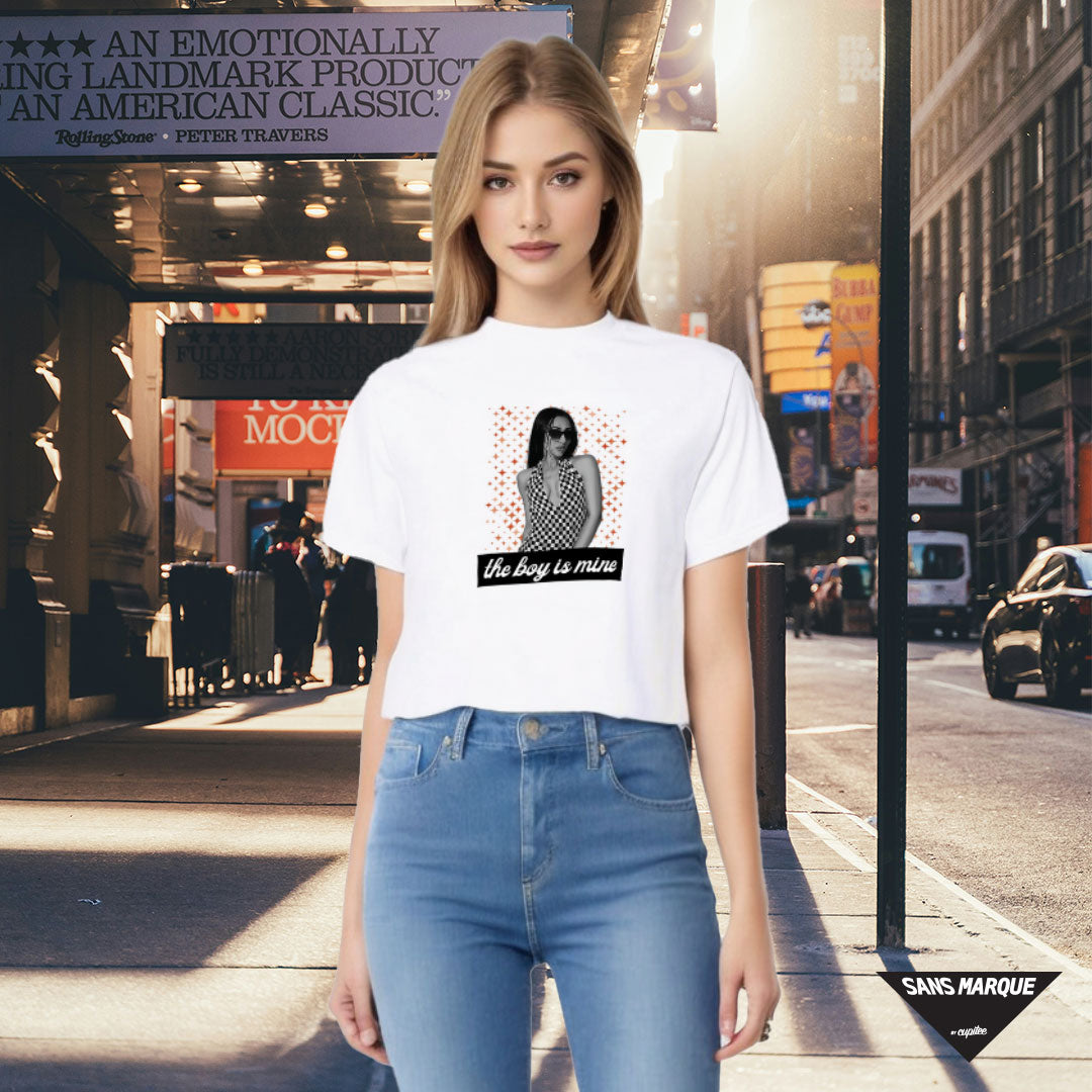 Female Model wearing the boy is mine White T-Shirt