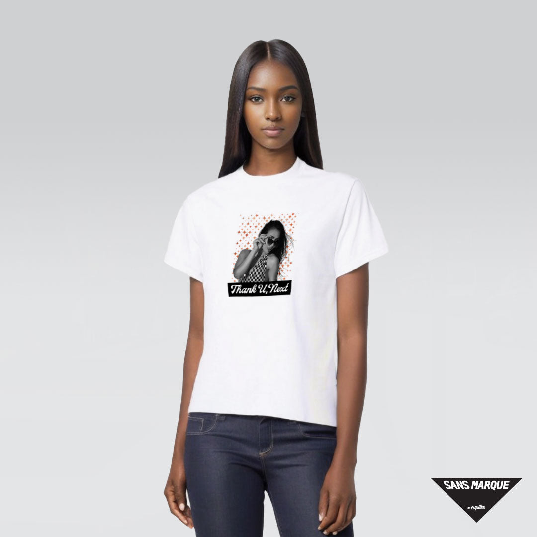 Female Model wearing Thank U, Next White T-Shirt