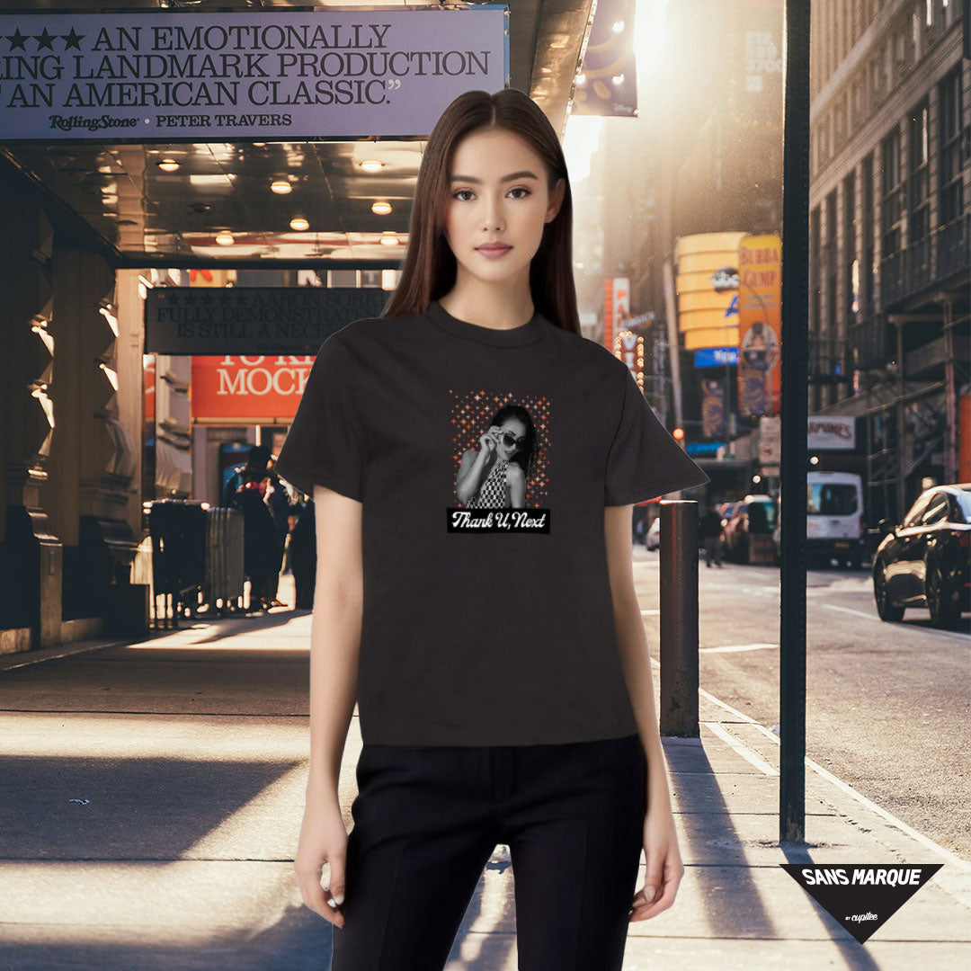 Female Model wearing Thank U, Next Black T-Shirt