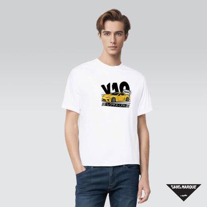 Model wearing V10 Power LFA VROOM Gold White T-Shirt