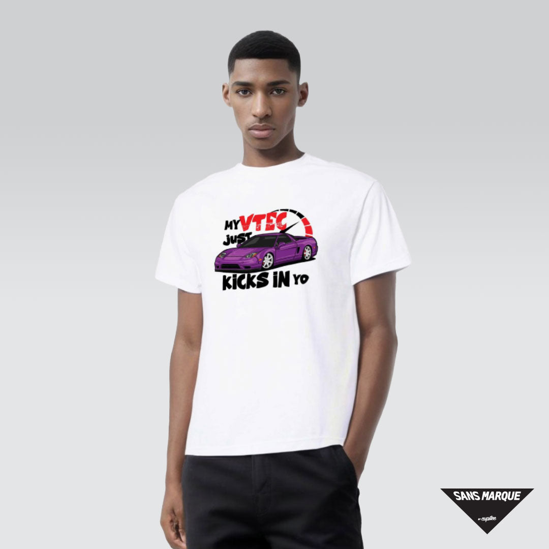 Model wearing My VTEC Just Kicks In Yo NSX NA2 Purple White T-Shirt