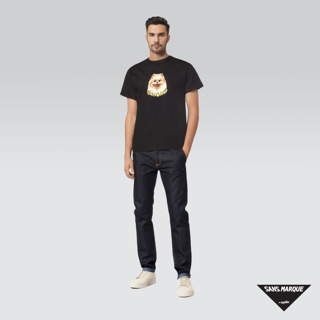 Model wearing Pomeranian Personalized  Black T-Shirt