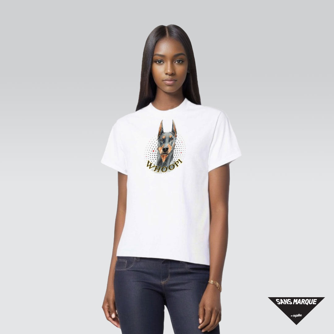 Model wearing Doberman Pinscher Personalized White T-Shirt