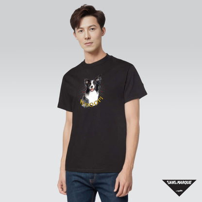 Model wearing Border Collie Personalized Black T-Shirt