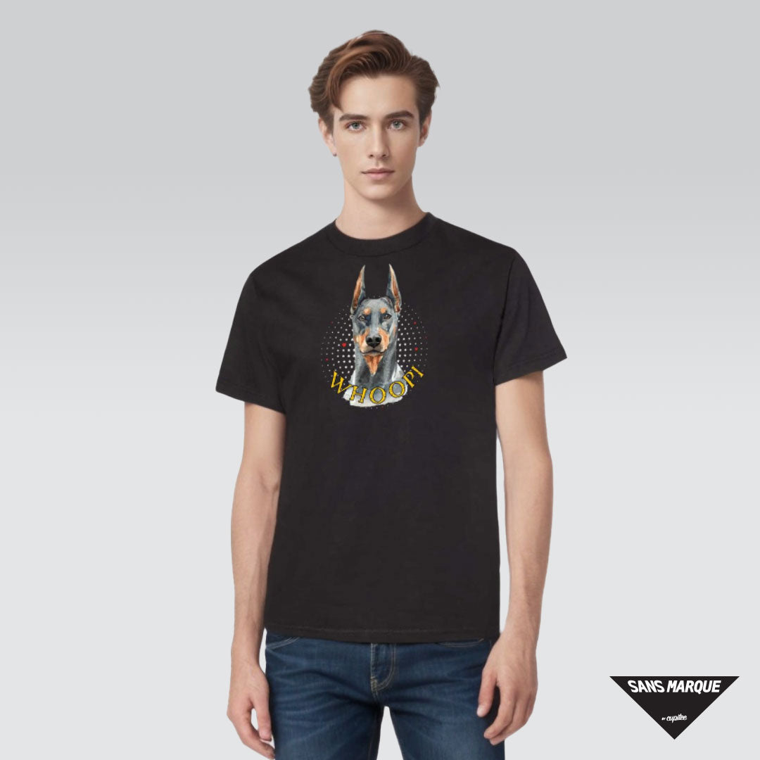 Model wearing Doberman Pinscher Personalized Black T-Shirt