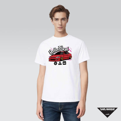 Model wearing Hellaflush Culture EM1 Car Tuner Red White T-Shirt