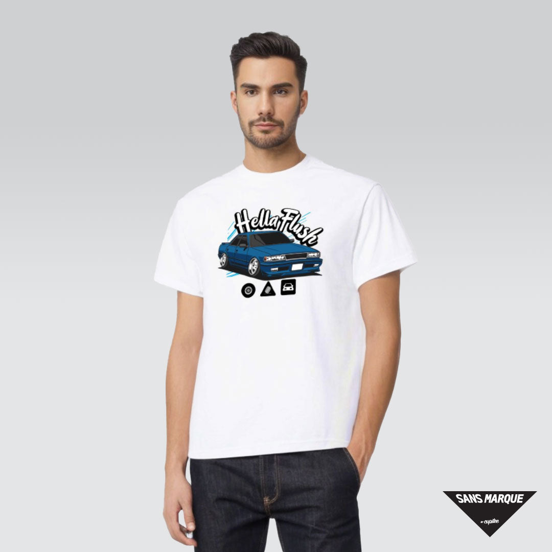 Model wearing Hellaflush Culture MX83 Car Tuner Blue White T-Shirt