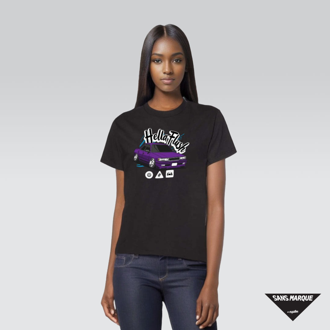 Model wearing Hellaflush Culture MX83 Car Tuner Purple Black T-Shirt