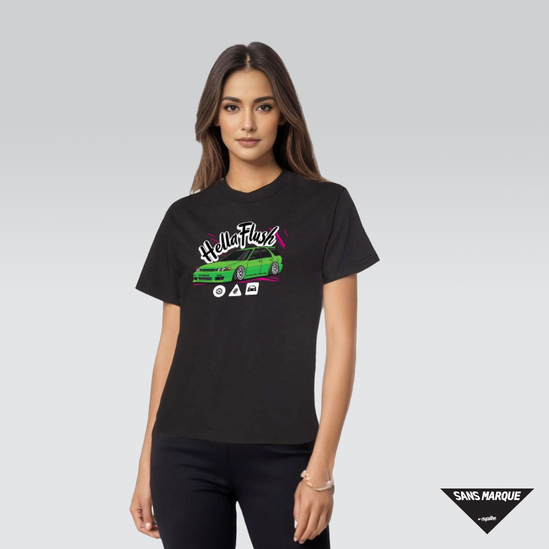 Model wearing Hellaflush Culture CE1 Car Tuner Green Black T-Shirt